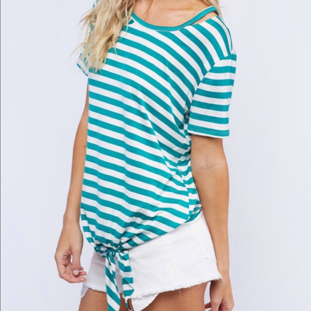 Green and white striped knot tee with cutout